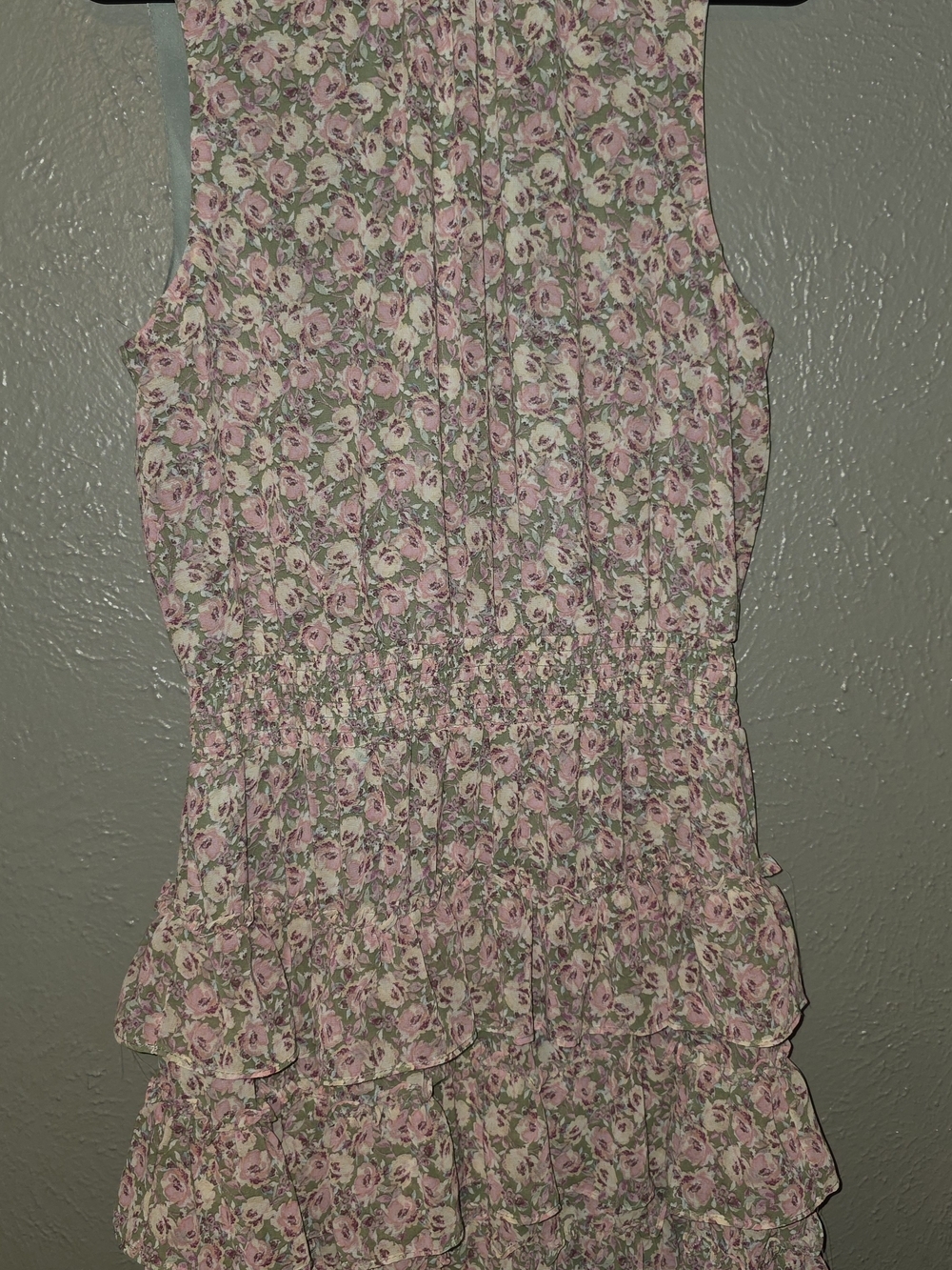 MSK Floral Sleeveless Ruffled Tiered Smocked Mini Dress Pink Green Size L